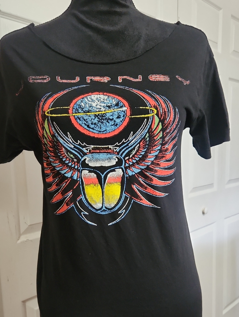 Journey Band Rocker Graphic Black Short Sleeve Tee with Multicolor Scarab Wings
